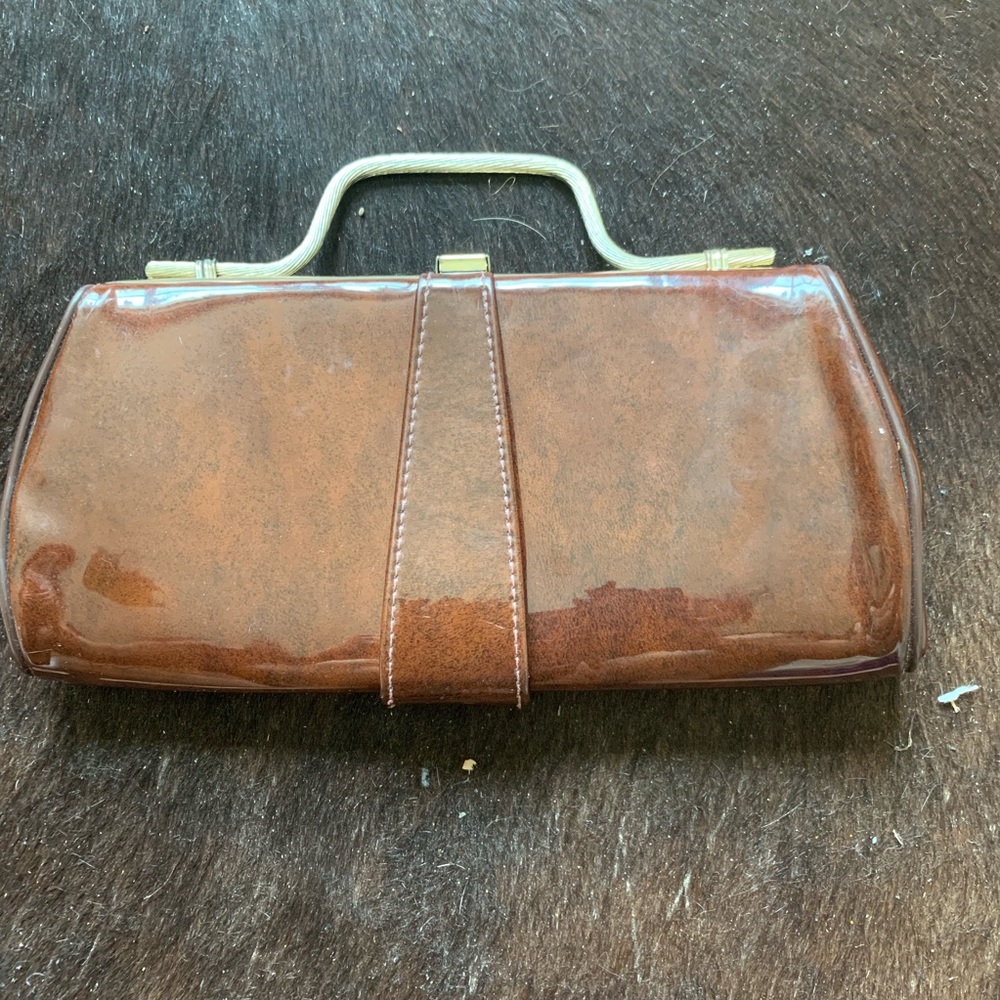 Vintage brown pleather gold claps  clutch